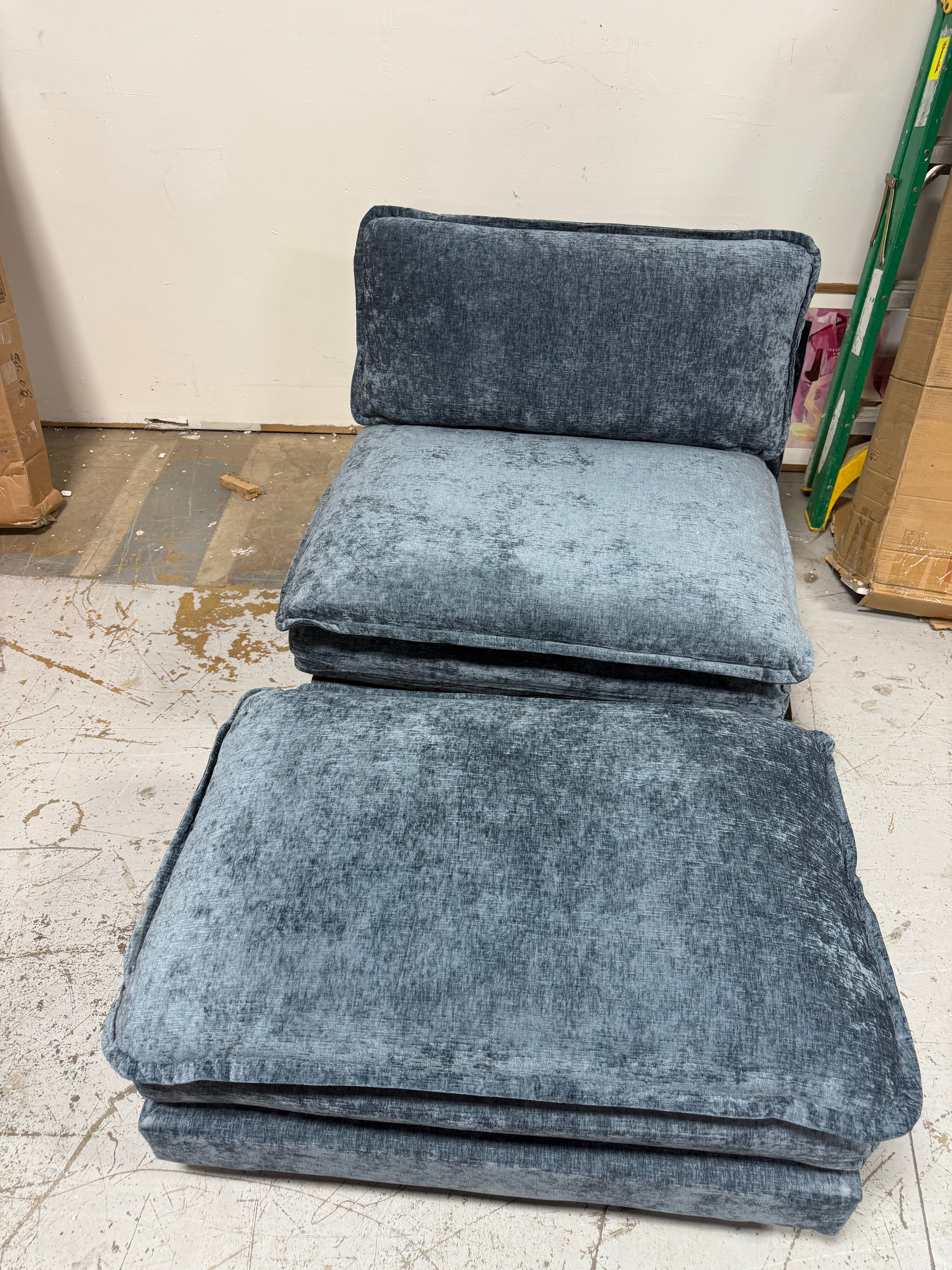 Blue Velvet Ottoman and Armless Chair