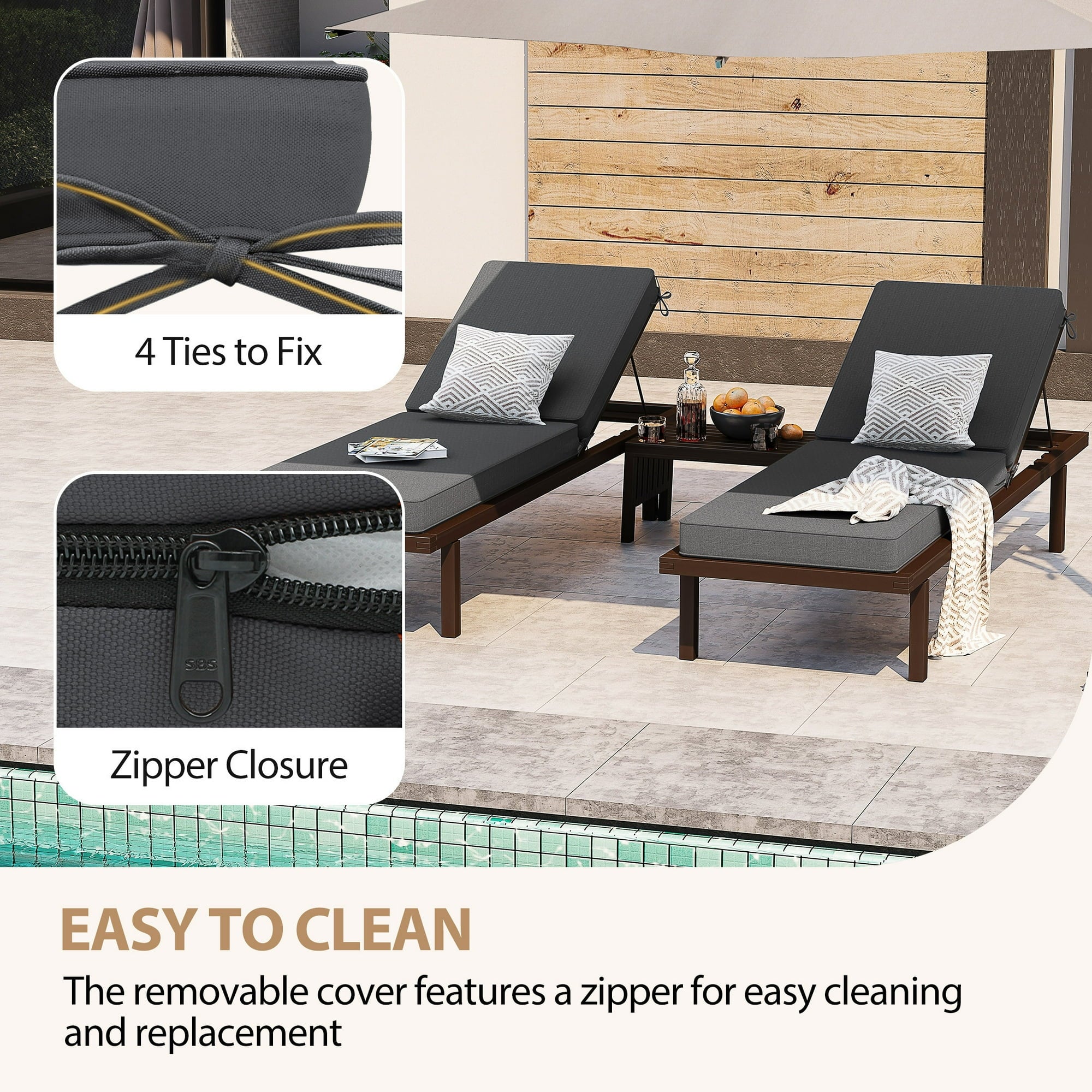 Outdoor Waterproof Chaise Lounge Cushion for Patio Furniture, Heather Gray (1-Piece)