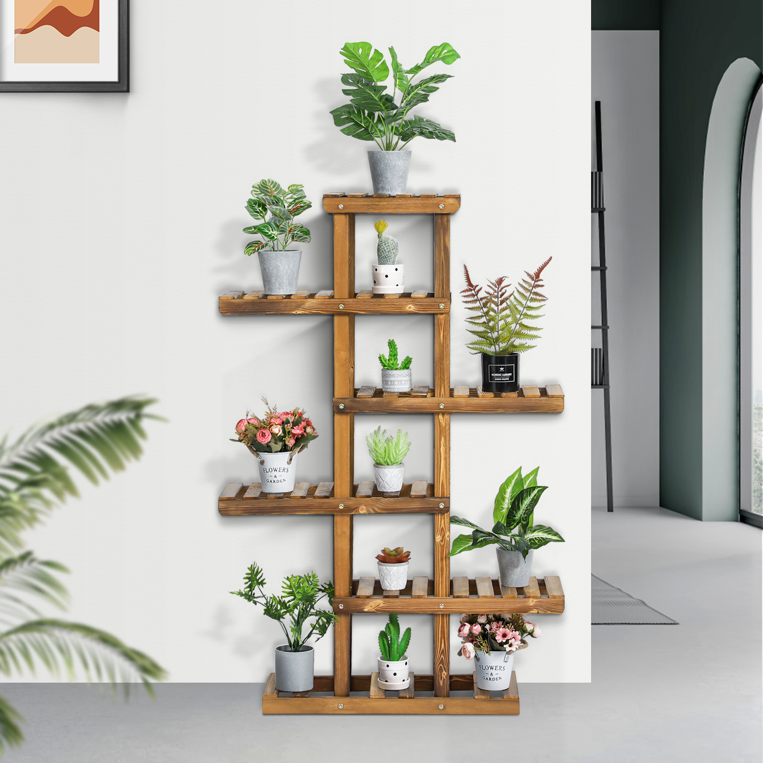 Wood 5 Tiers Plant Stand, Flower Shelf, Display Rack, Carbonized, for Indoor Outdoor