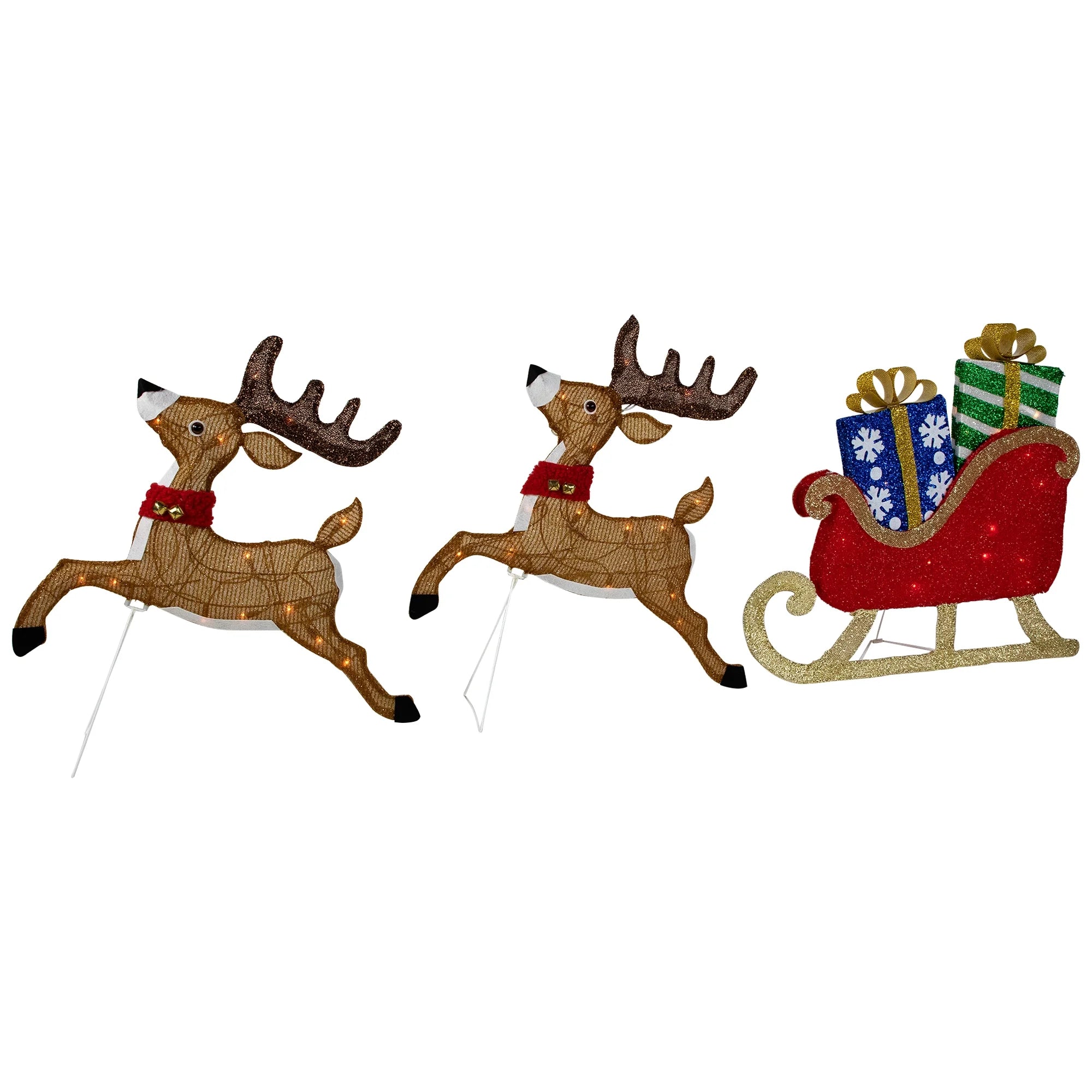 Set of 3 Lighted Reindeer and Sleigh Outdoor Christmas Decoration