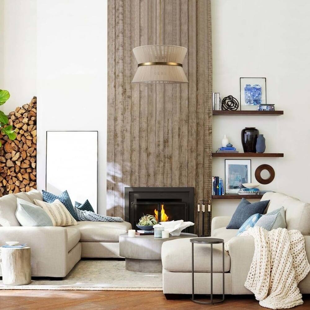 8-Light Patinaed Brass/ Bleached Natural Rope Woven Fabric Tapered String Drum Chandelier - Natural Ivory Rope