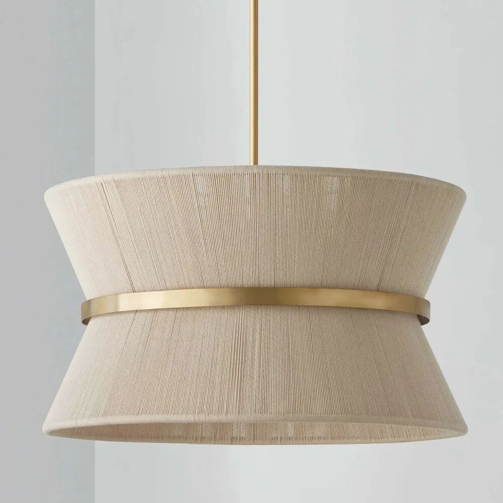 8-Light Patinaed Brass/ Bleached Natural Rope Woven Fabric Tapered String Drum Chandelier - Natural Ivory Rope