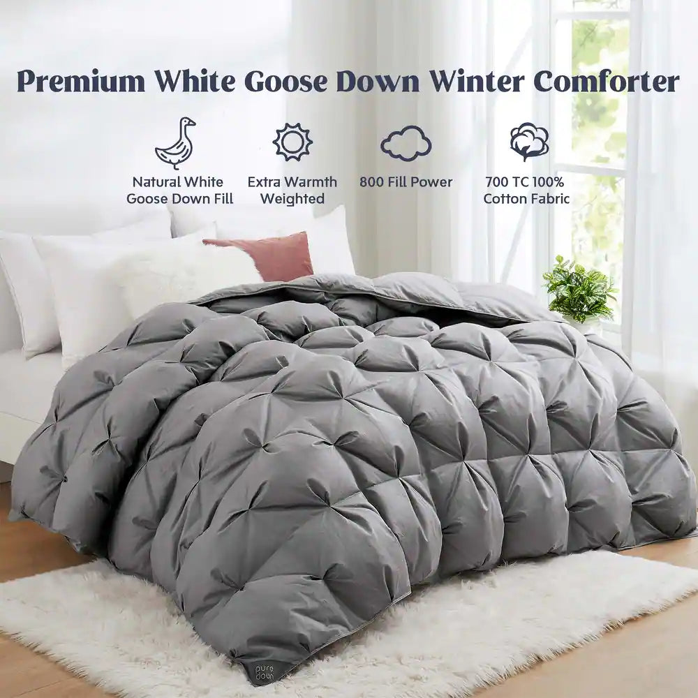 800 Fill Power 700 TC 93 Percent Winter White Goose Down Comforter - Queen/Full - Grey