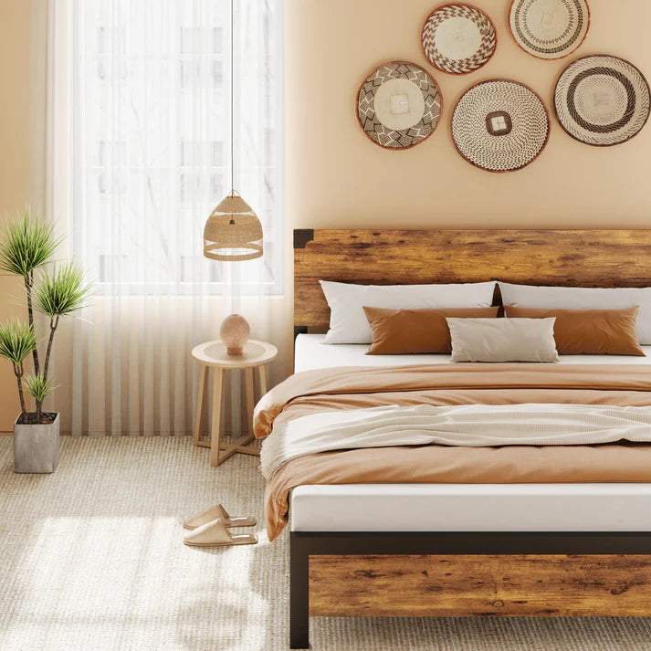 Platform King Size Bed Frame with Wood Headboard