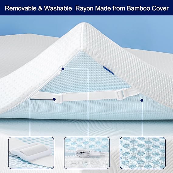 3 Inch Mattress Topper Cover (Only Cover) Mattress Protector Bedding Rayon Made from Bamboo Removable Mattress Encasement with Zippers, Queen