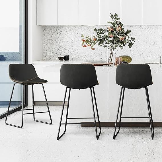 Bar Stools Set of 3, ALX Faux Leather Barstools, Modern Counter Height Stools with Back and Metal Legs, Armless Counter Chairs for Kitchen Island, Black