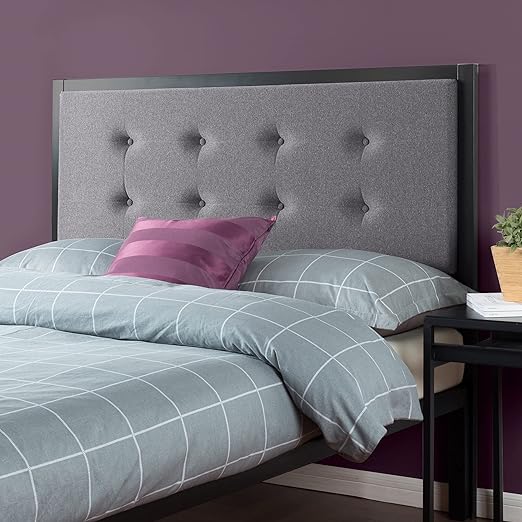 Barbara Button Tufted Grey Upholstered Metal Headboard, Queen
