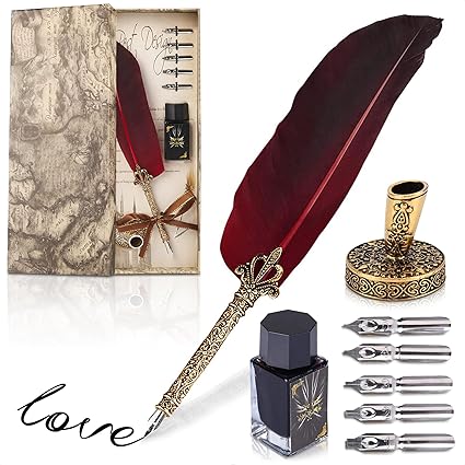 Antique Feather Pen and Ink Set -  Red Feather Quill Pen and Ink Set with Stainless Steel Nib