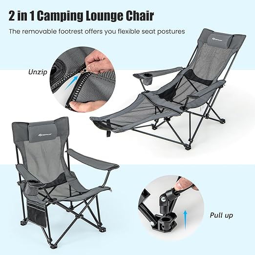 Reclining Camping Chair with Foot Rest, Folding Lounge Chair for Adults, w/Adjustable Backrest, Storage Bag & Cup Holder, Portable Recliner Beach Chair Outdoor Camp Picnics, 330 LBS (1, Grey)