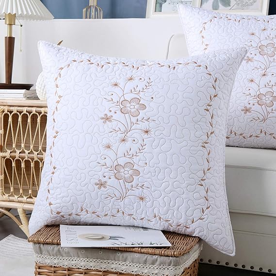2 Pack Throw Pillow Covers Euro Sham Covers Pillow Shams Pillow Cover Embroidery 26 by 26 inches (European, White/Gold)