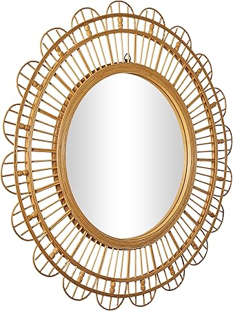 Bamboo Wood Handmade Room Wall Mirror Woven Entryway Mirror with Beaded Accents, Wall Mounted Mirror, Brown