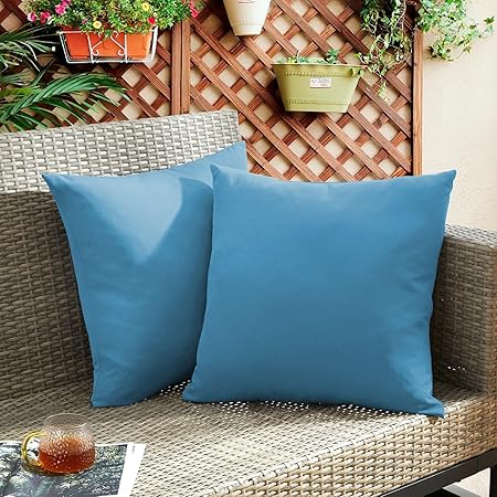 Outdoor Waterproof Throw Pillows Feathers and Down Filled Decorative Square, Pack of 2, Blue