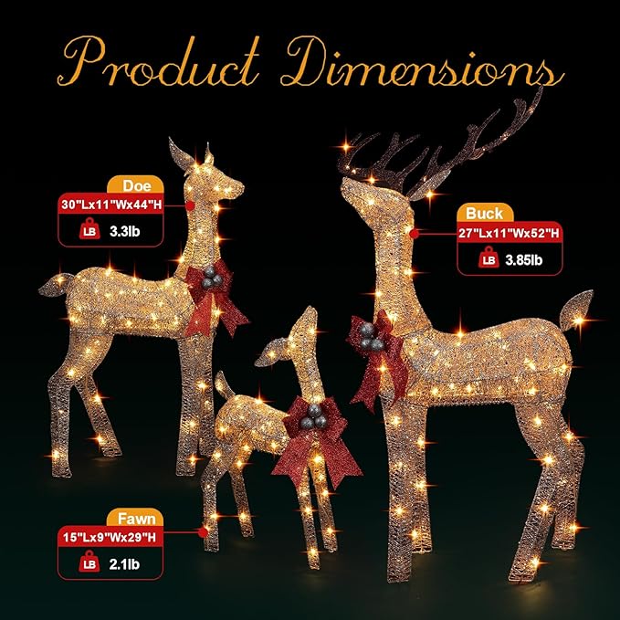 3-Piece Large Lighted Christmas Deer Family Set with Bell Bow, final cut
