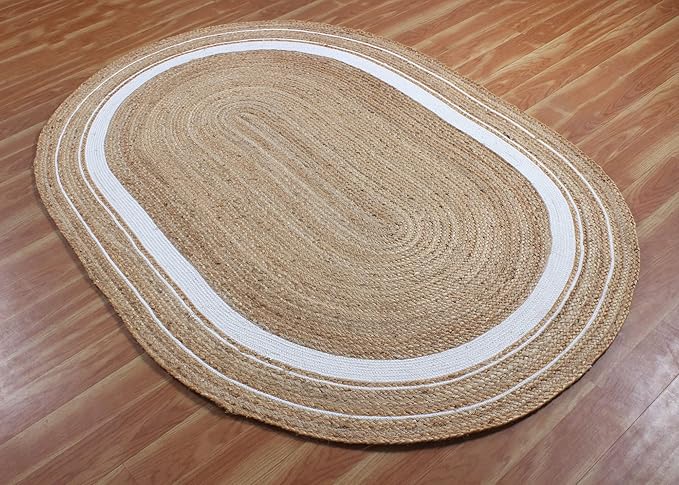 Geometric Collection Oval Area Rug - Beige and White Natural, Handmade Flat Weave Jute, Ideal for High Traffic Areas