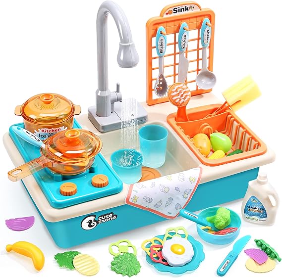 Play Kitchen Sink Toys with Upgraded Real Faucet, Play Cooking Stove