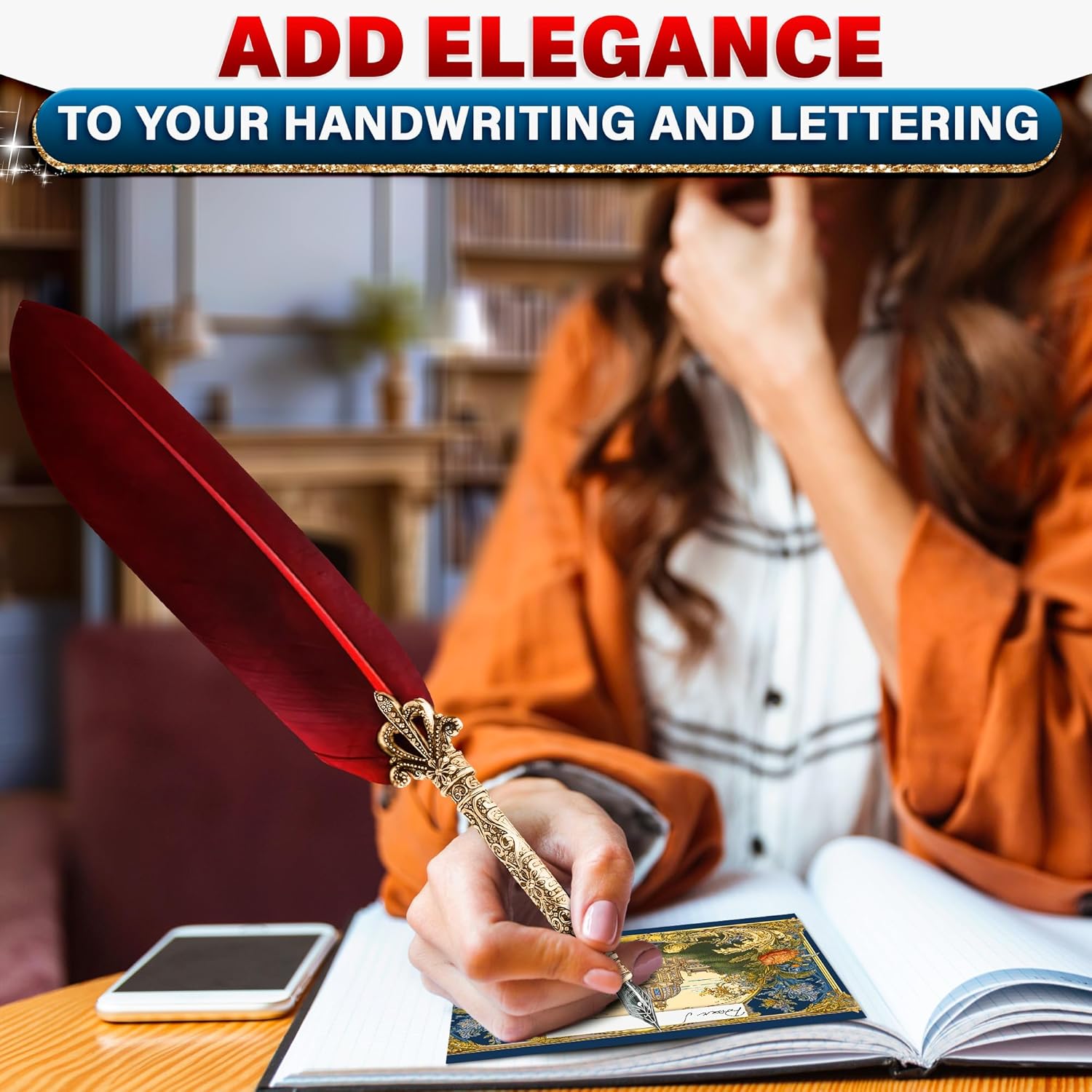 Antique Feather Pen and Ink Set -  Red Feather Quill Pen and Ink Set with Stainless Steel Nib