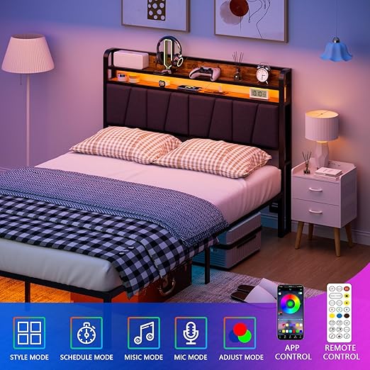 Headboard Storage 2 Tier Headboards with USB Ports for Dorm LED Light College Head Board Shelf Height Adjustable Modern Style Cabeceras de Cama with Charging Station Black - Full