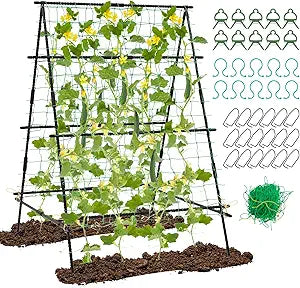 Garden Trellis for Climbing Plants Outdoor, A Frame Plant Trellis with Climbing Net, Coated Metal Poles, Twisted & Clips, Grape Trellis Plant Support for Vines, Vegetables, Fruit & Flower