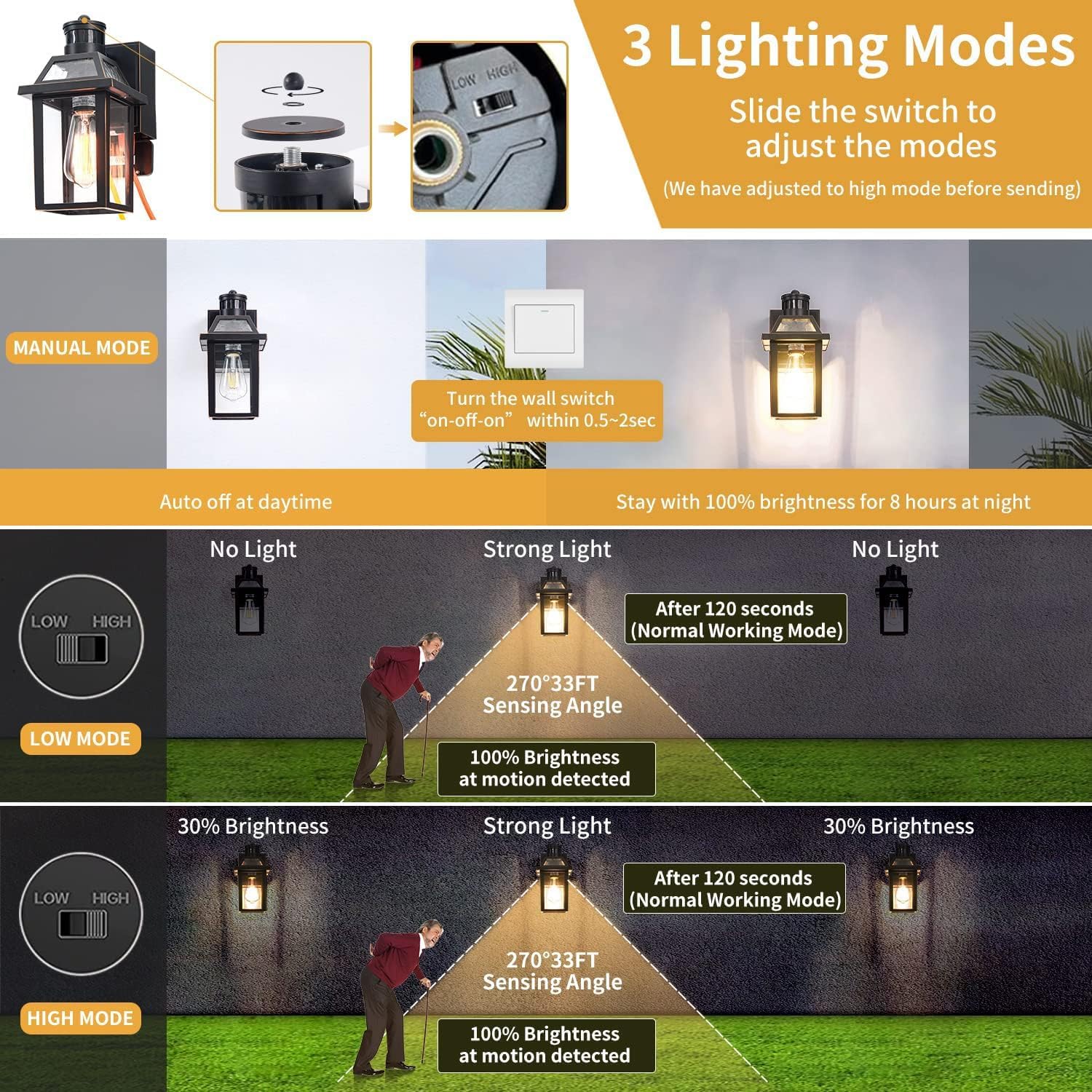 Porch Lights with GFCI Outlet, Dusk to Dawn Outdoor Lights with Outlet, 3 Lighting Modes Exterior Light Fixture Waterproof, Outside Lights