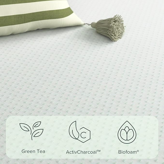Green Tea Memory Foam Mattress, Queen, Fiberglass Free, Patented Custom Contour Support, Sturdy Base Foam, CertiPUR-US Certified, Mattress in A Box, White