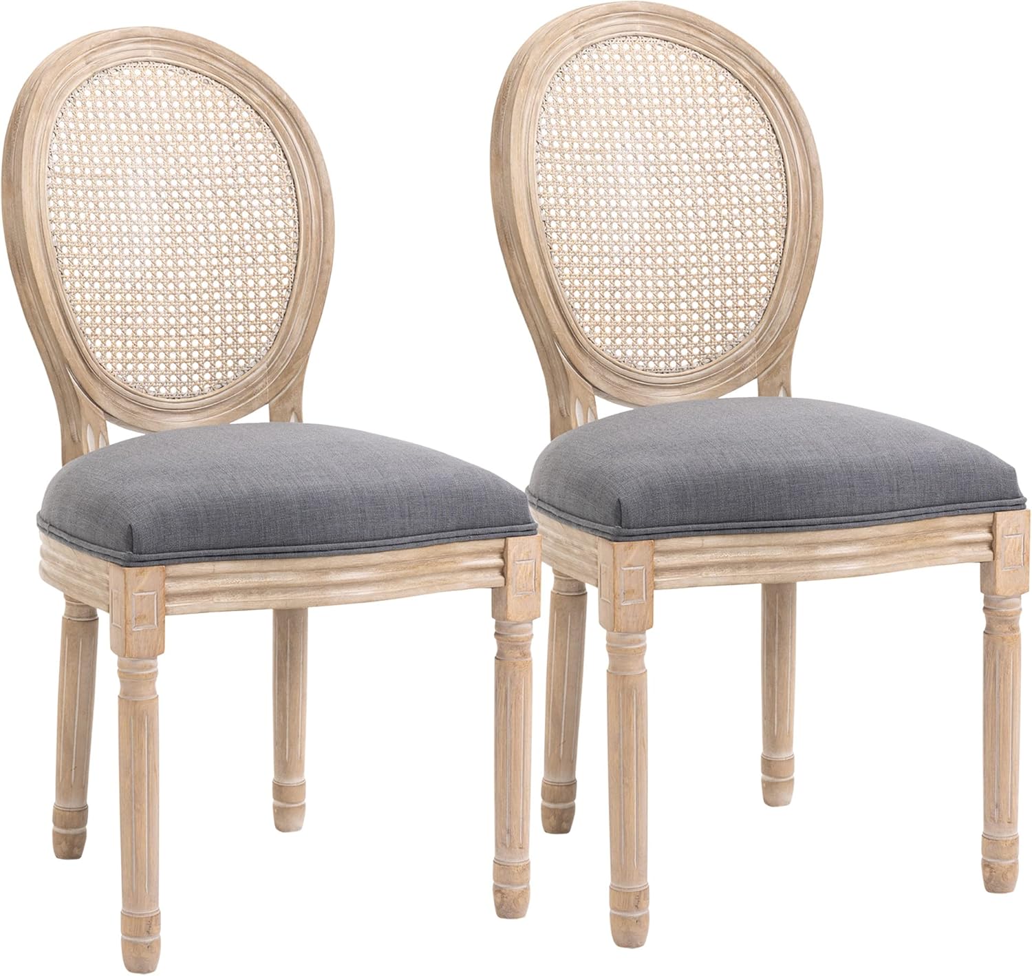 French-Style Upholstered Dining Chair, Armless Accent Side Chairs with Rattan Backrest and Linen-Touch Upholstery