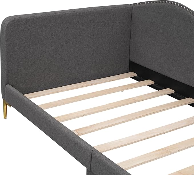 Twin Size Upholstered Daybed with Headboard and Armrest, Support Legs, Grey