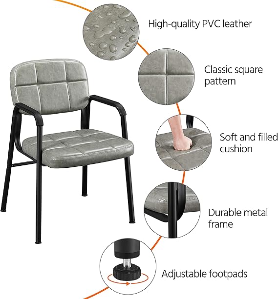 1-Piece Office Guest Reception Chairs Leather Waiting Room Executive Office Chair Ergonomic Upholstered Armchair with Metal Frame, Leather Seat, Gray