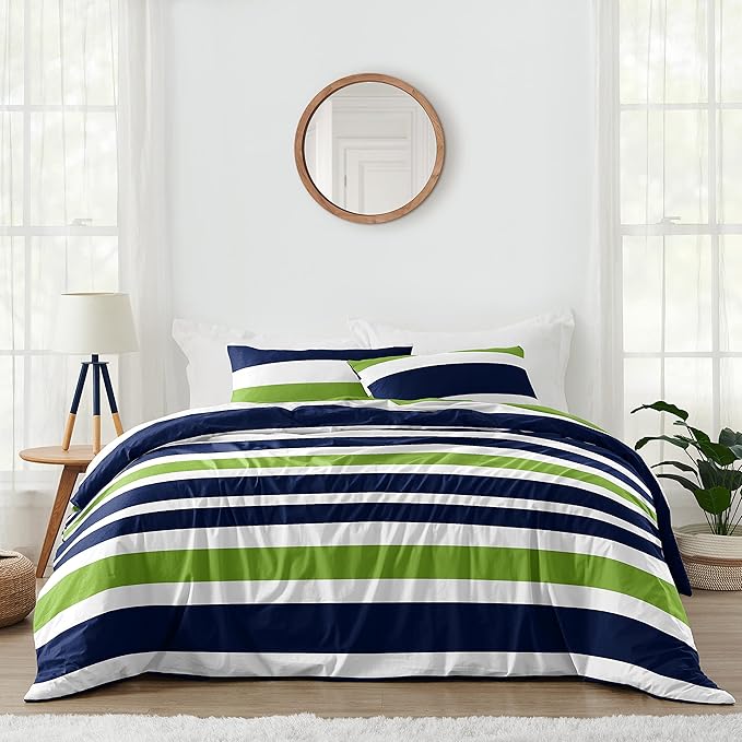 Navy Blue Lime Green and White Childrens Full/Queen Stripe Bedding