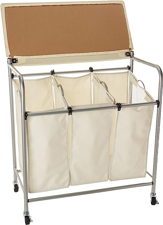 Rolling Laundry Sorter with Ironing Board, Natural