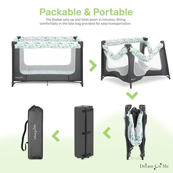 Portable Playard in Grey and Green, Lightweight, Packable and Easy Setup Baby Playard, Breathable Mesh Sides and Soft Fabric