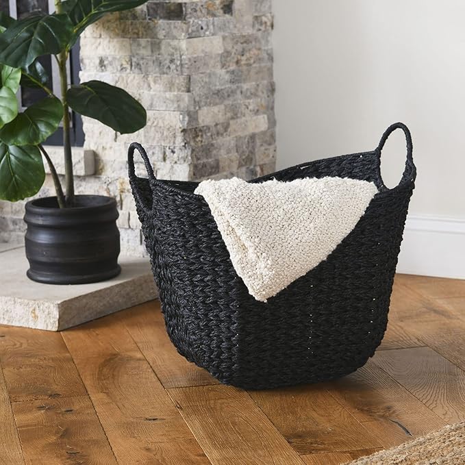 Black Paper Rope Basket with Handles, Natural Woven Wicker Storage Basket
