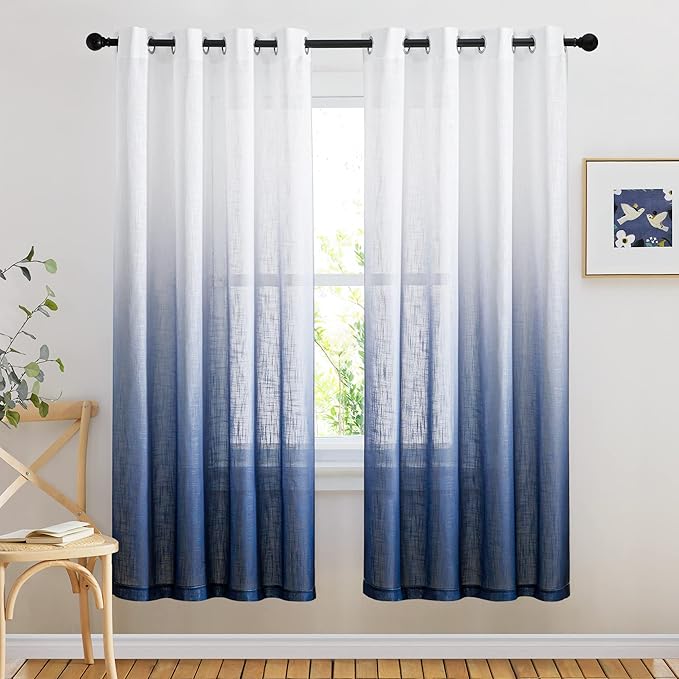 Navy Blue Ombre Curtains Sheer Linen