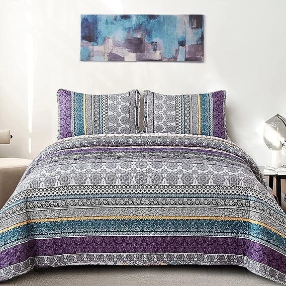 Boho Quilt Set King, Purple Bohemian 3 Pieces Quilt Sets, Lightweight Summer Bedspread Coverlet Bedding Set for All Season (103"x90")
