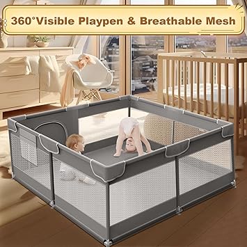 Baby Play Pen Playards, Indoor & Outdoor Active Center Game Fence, with Skin-Friendly Fabric and Soft Breathable Mesh Grey
