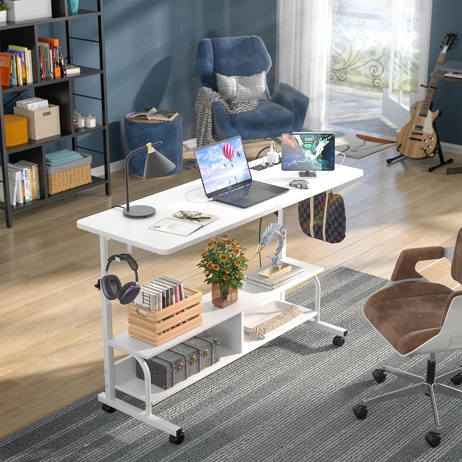 Height Adjustable Standing Desk with Power Outlets, Manual Stand Up Desk, White