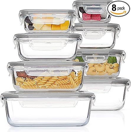 8 Pack Glass Containers Set for Food Storage with Airtight Lids, Meal Prep Container Glass
