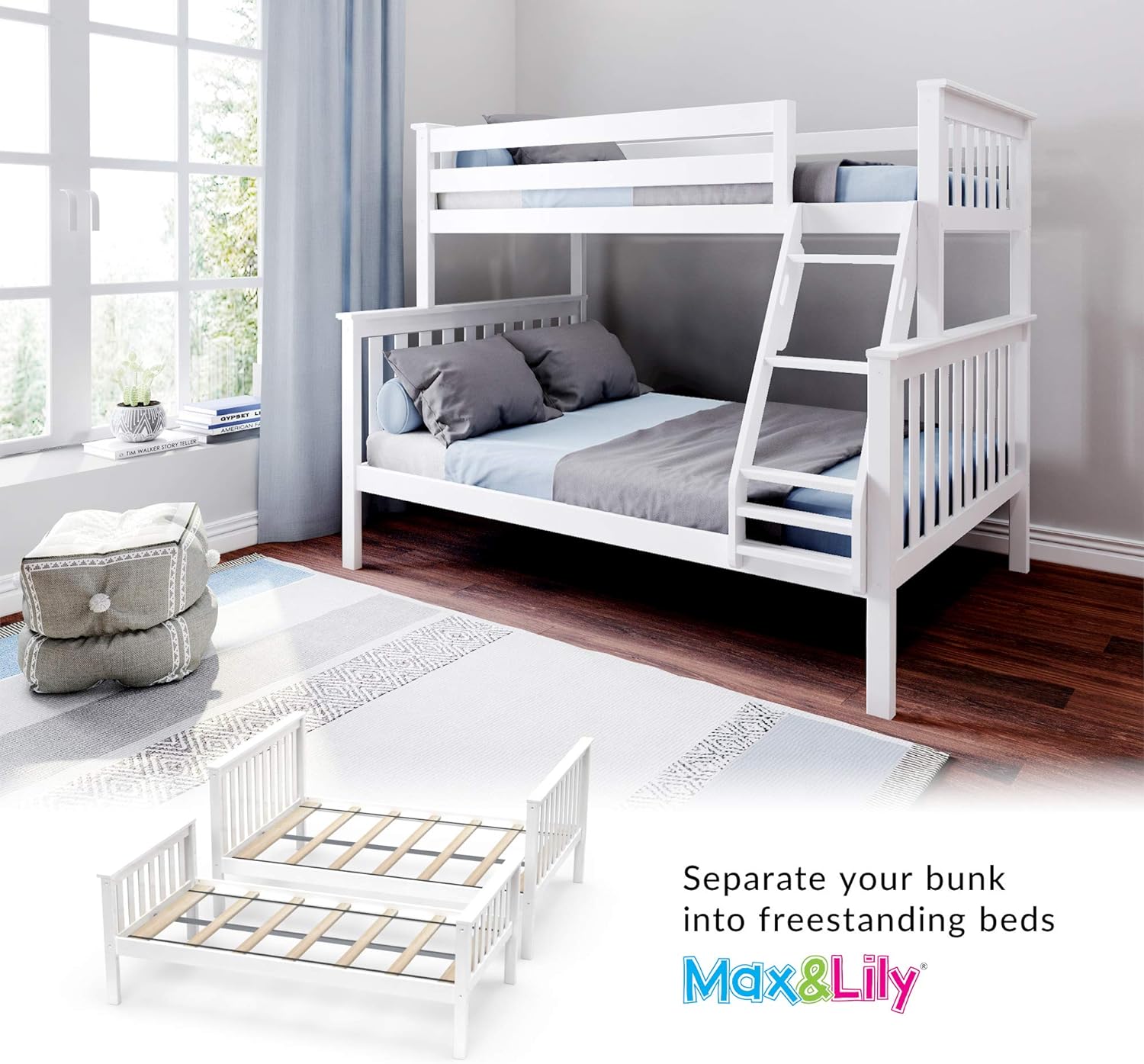 Bunk Bed Twin/Full with Ladder, Solid Wood