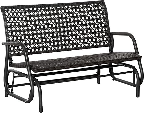 2-Person Outdoor Wicker Glider Bench, Patio Garden PE Rattan Swing Loveseat Chair with Extra Wide Seat and Curved Backrest, Dark Grey