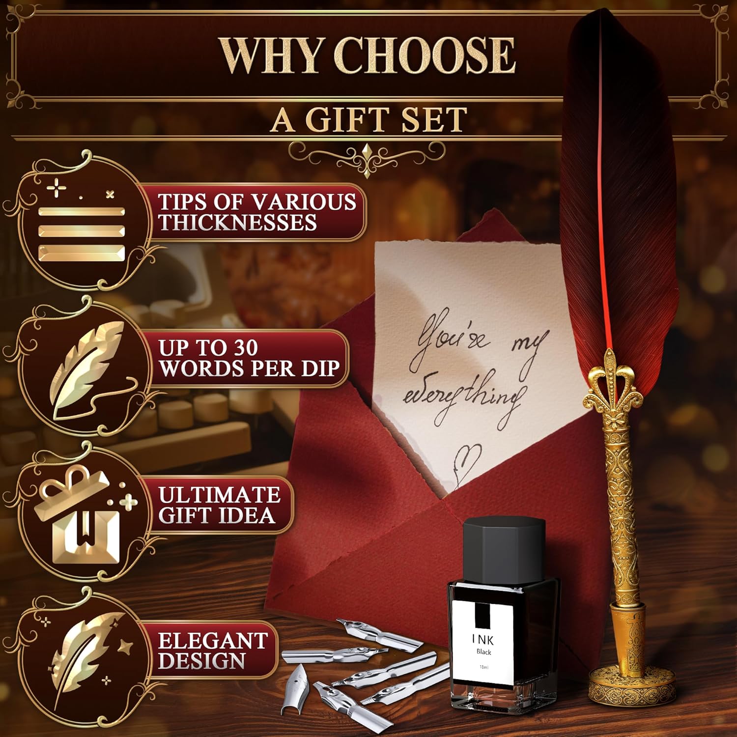 Antique Feather Pen and Ink Set -  Red Feather Quill Pen and Ink Set with Stainless Steel Nib