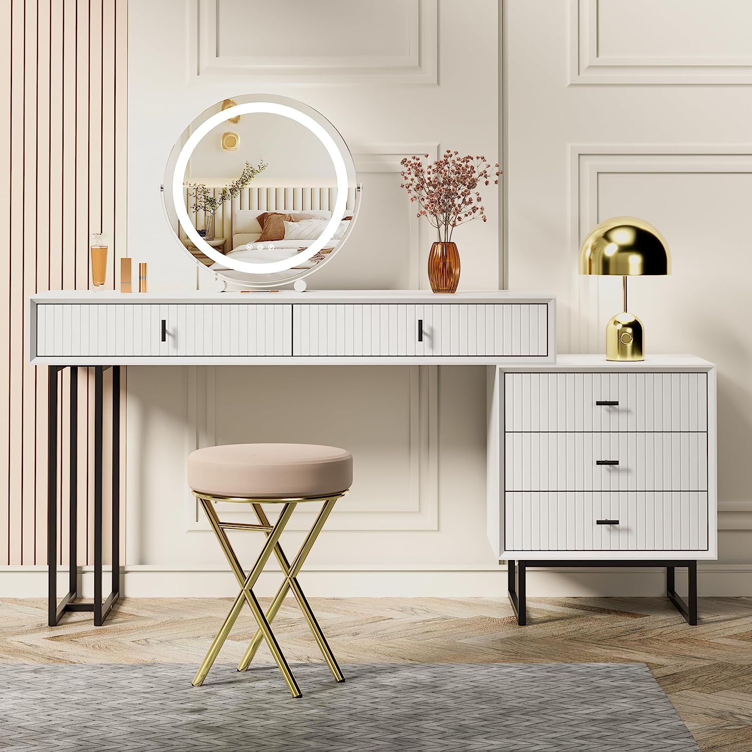 Large Vanity Desk with Drawers,Makeup Vanity Set with Movable 3-Drawer Chest,Modern Makeup Vanity Dressing Table(White)