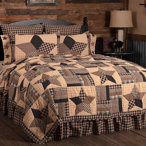 Bingham Star King Quilt Set Country Patchwork Design, Soft Black and Tan