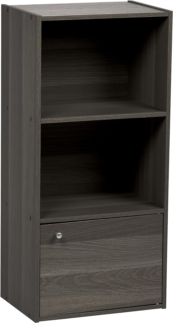 3 Tier Wood Storage Shelf, Bookcase, Bookshelf for Small Spaces, 1 Door, Gray