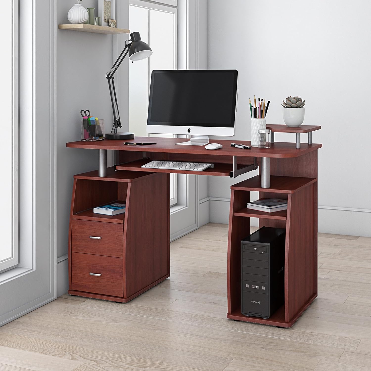 Complete Computer Workstation Desk With Storage, Mahogany - 2 BOXES