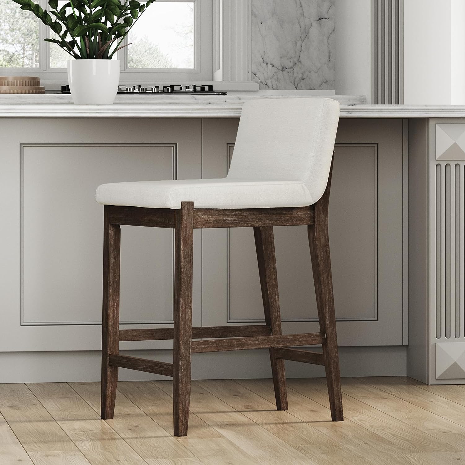 Gracie Modern Counter Height Bar Stool with Back, Counter Stool Upholstered Chair with Natural Textured Linen and Brushed Wooden Legs, White/Dark Brown
