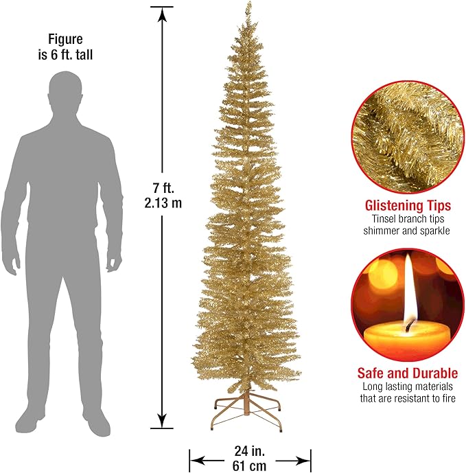 Artificial Christmas Tree, Champagne Gold Tinsel, Includes Stand