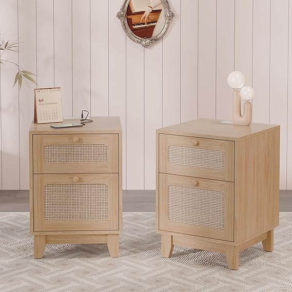 Modern Wicker Rattan Nightstand Set of 2