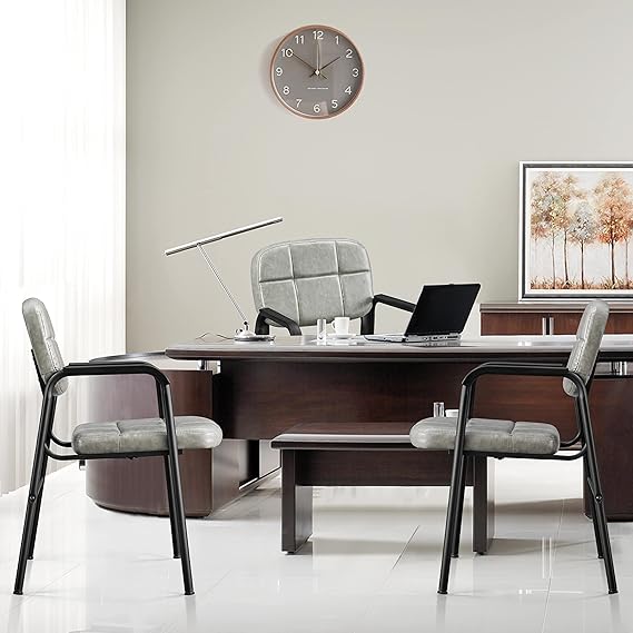 1-Piece Office Guest Reception Chairs Leather Waiting Room Executive Office Chair Ergonomic Upholstered Armchair with Metal Frame, Leather Seat, Gray