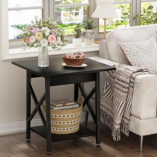 End Table, Large Square Side Tables with X-Frame, 2-Tier Storage, Black
