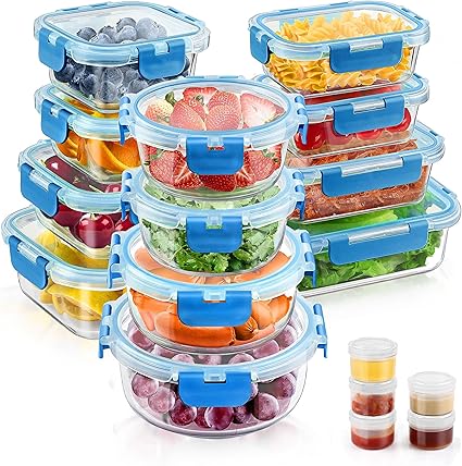 34pcs Glass Food Storage Containers with Lids Set, Airtight Glass Meal Prep Containers  Microwave, Oven, Freezer & Dishwasher,Blue