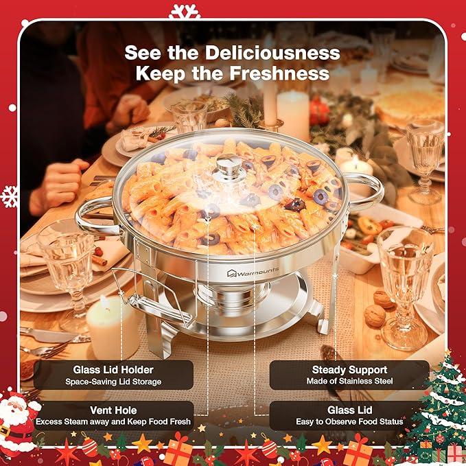 Chafing Dishes for Buffet with Glass Lid & Lid Holder - Set of 3